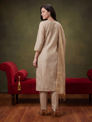 Off White Embroidered Straight Kurta Trousers With Dupatta Set