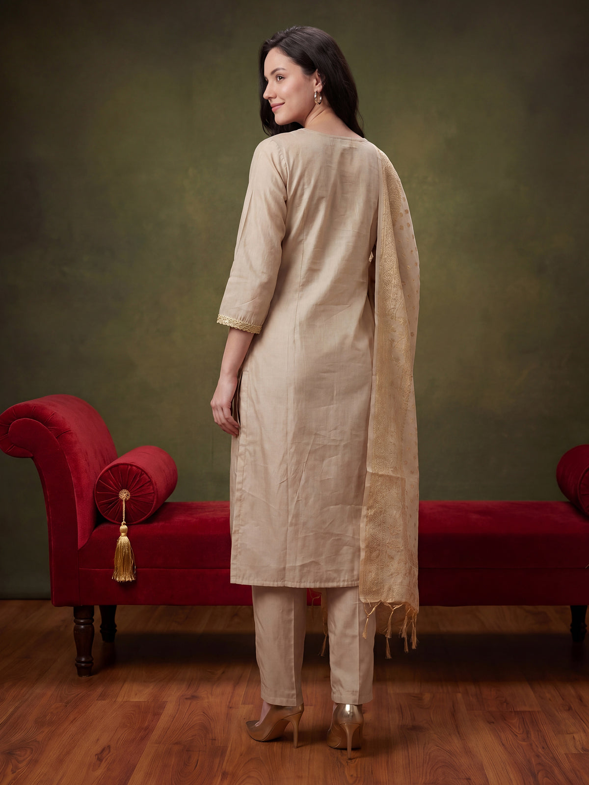 Off White Embroidered Straight Kurta Trousers With Dupatta Set