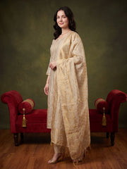 Off White Embroidered Straight Kurta Trousers With Dupatta Set