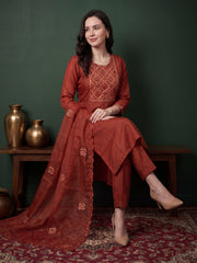 Rust Embroidered Straight Kurta Trousers With Dupatta Set