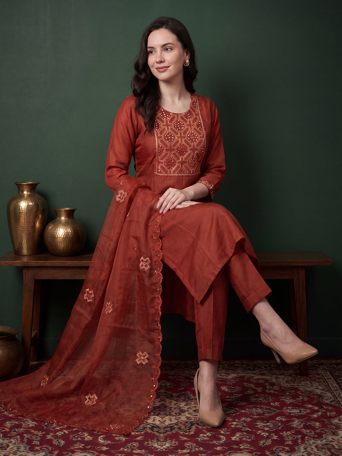 Rust Embroidered Straight Kurta Trousers With Dupatta Set