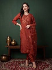 Rust Embroidered Straight Kurta Trousers With Dupatta Set