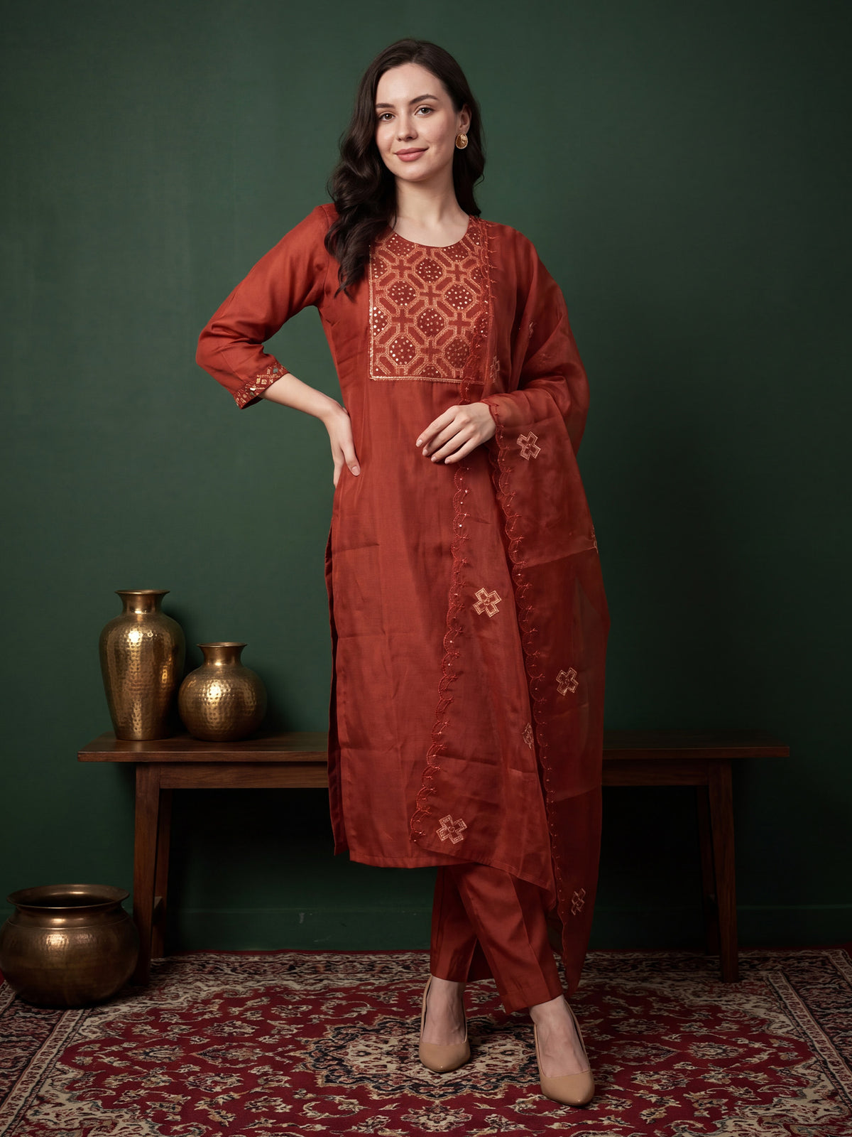 Rust Embroidered Straight Kurta Trousers With Dupatta Set
