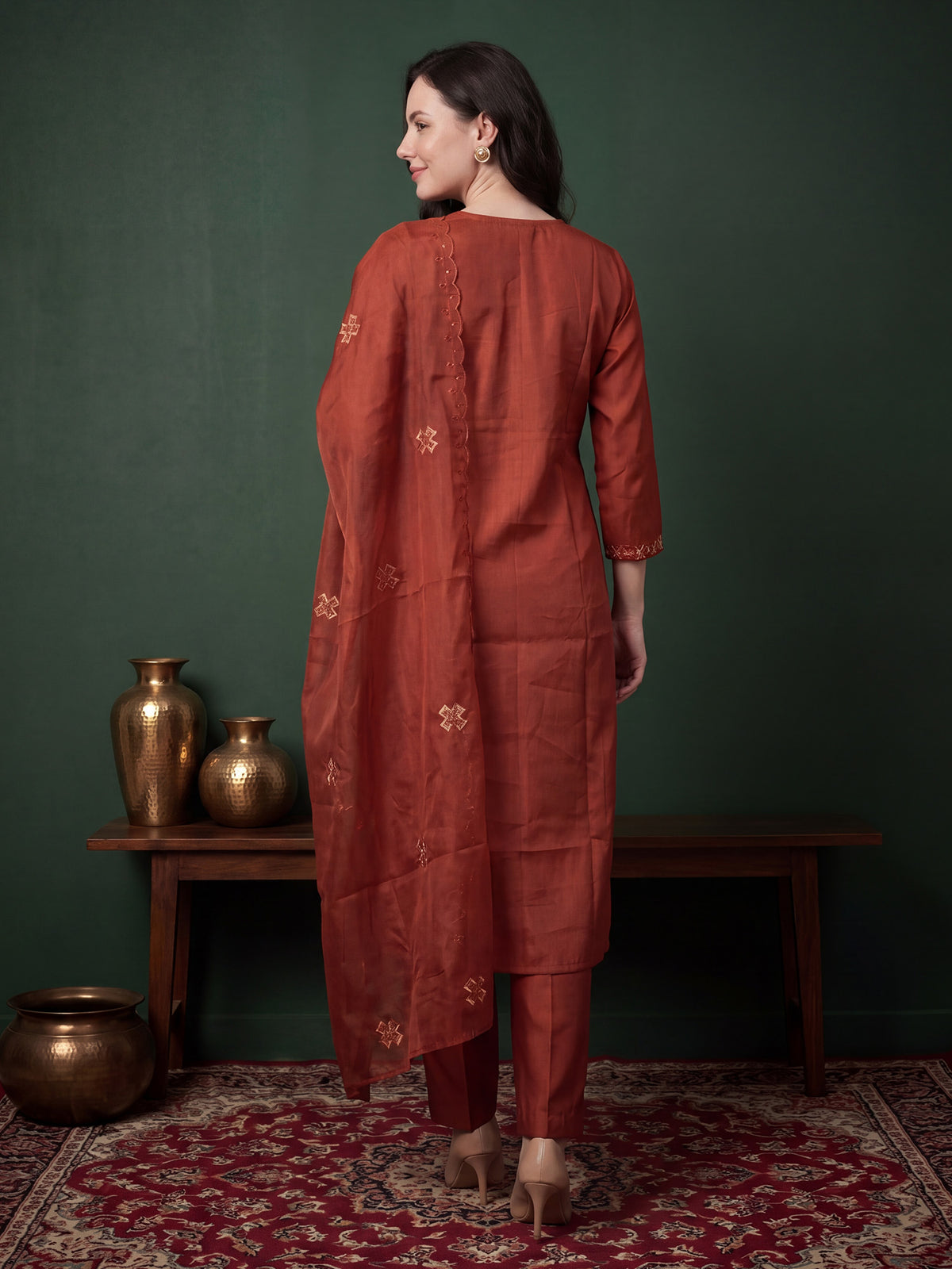 Rust Embroidered Straight Kurta Trousers With Dupatta Set