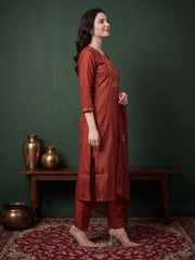 Rust Embroidered Straight Kurta Trousers With Dupatta Set