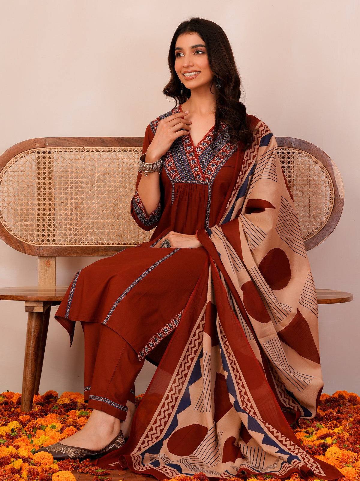 Rust Printed A-Line Kurta Trousers With Dupatta Set