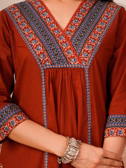 Rust Printed A-Line Kurta Trousers With Dupatta Set