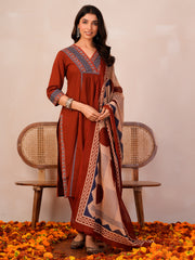 Rust Printed A-Line Kurta Trousers With Dupatta Set