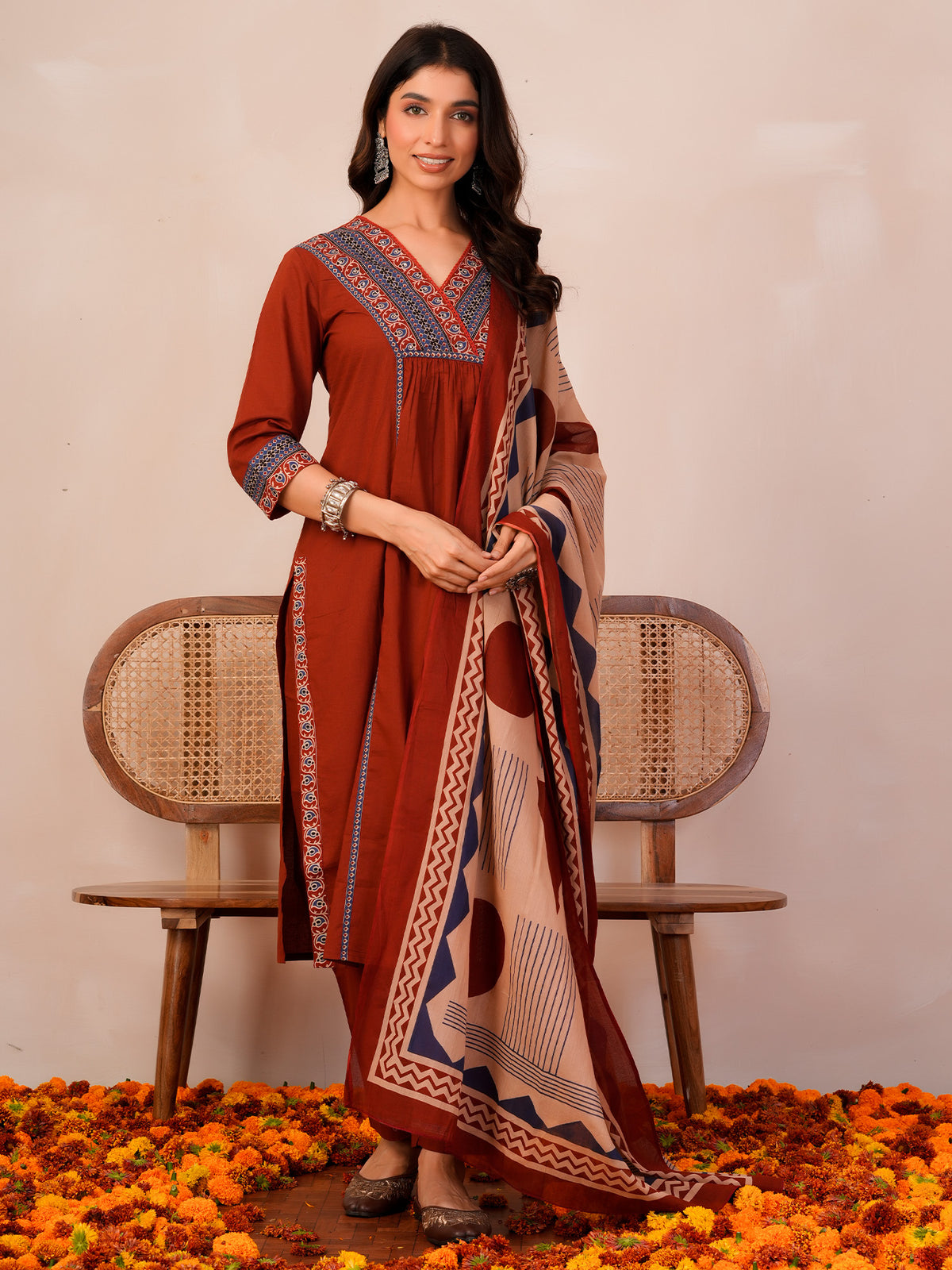 Rust Printed A-Line Kurta Trousers With Dupatta Set
