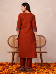 Rust Printed A-Line Kurta Trousers With Dupatta Set