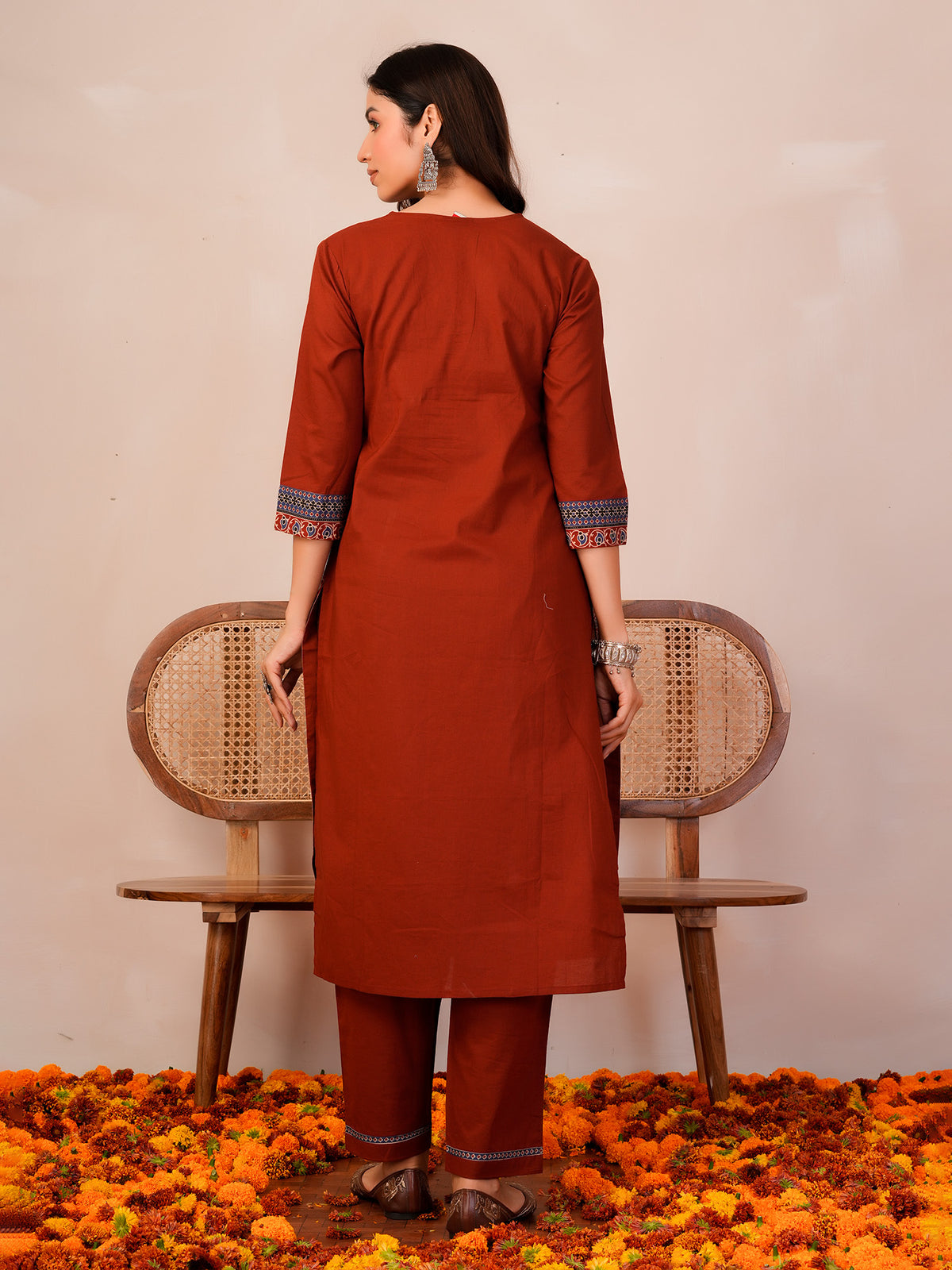 Rust Printed A-Line Kurta Trousers With Dupatta Set