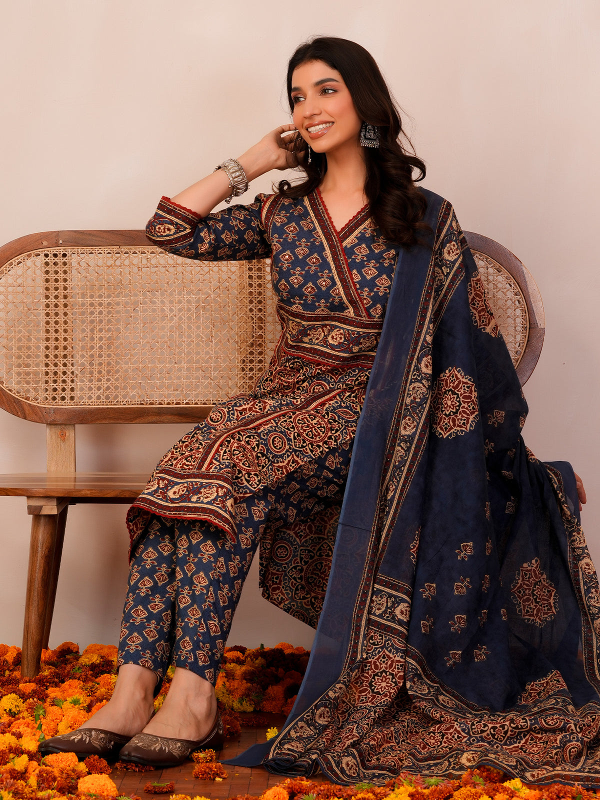 Rust Printed Straight Kurta Trousers With Dupatta Set