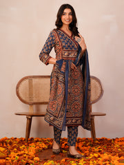 Rust Printed Straight Kurta Trousers With Dupatta Set