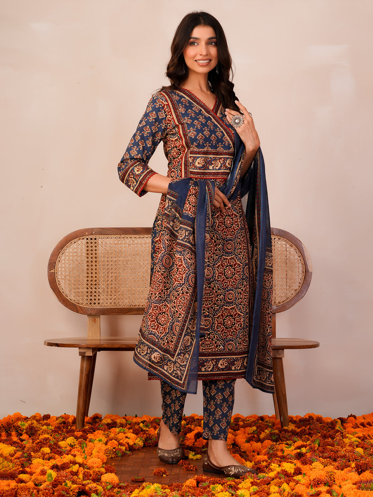Rust Printed Straight Kurta Trousers With Dupatta Set