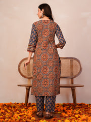 Rust Printed Straight Kurta Trousers With Dupatta Set