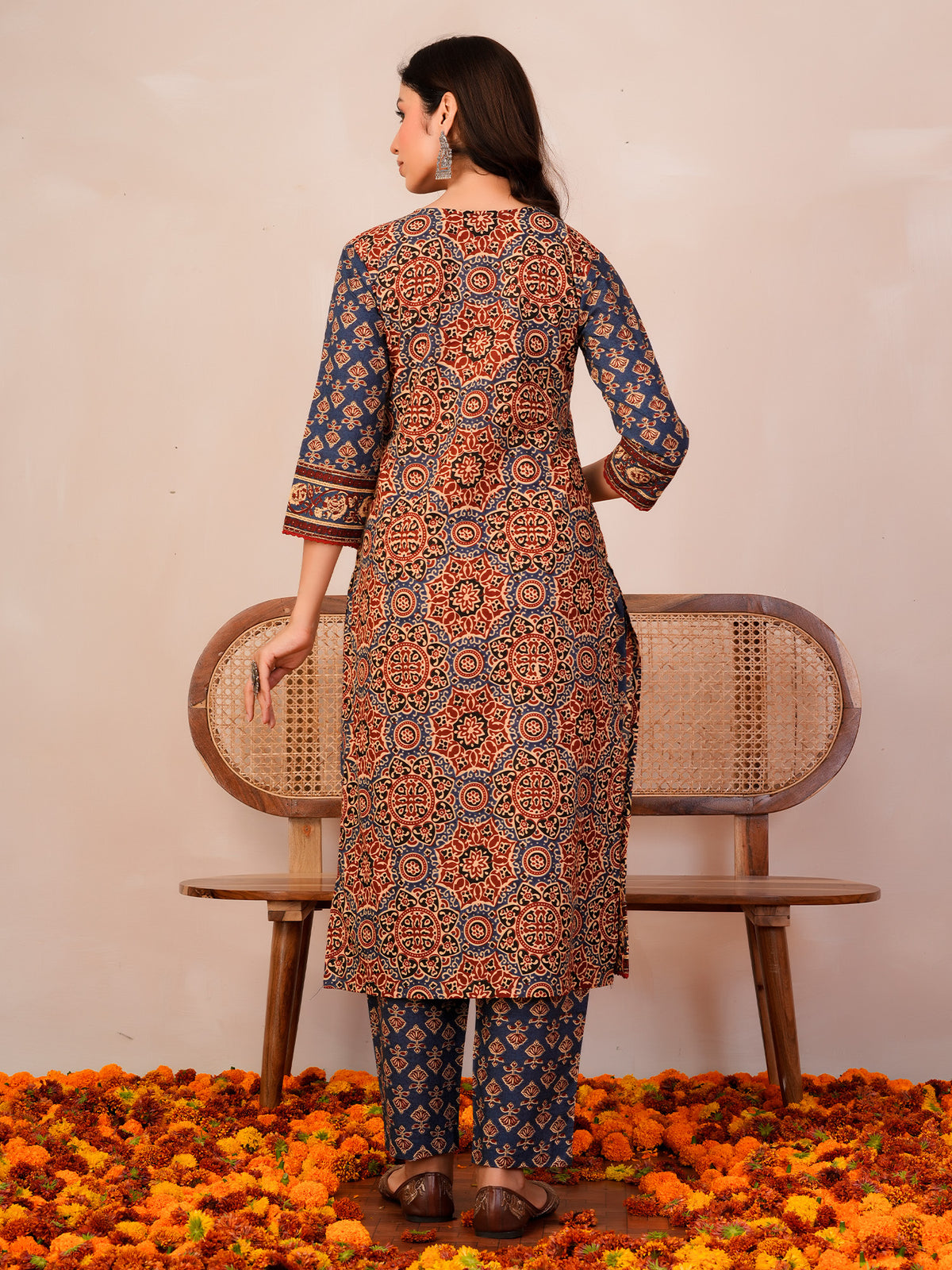 Rust Printed Straight Kurta Trousers With Dupatta Set