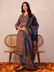 Rust Printed Straight Kurta Trousers With Dupatta Set