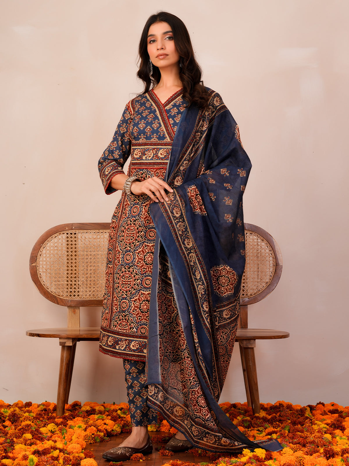 Rust Printed Straight Kurta Trousers With Dupatta Set