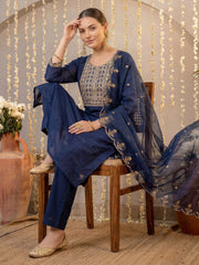 Navy Blue Embroidered Straight Kurta Trousers With Dupatta Set
