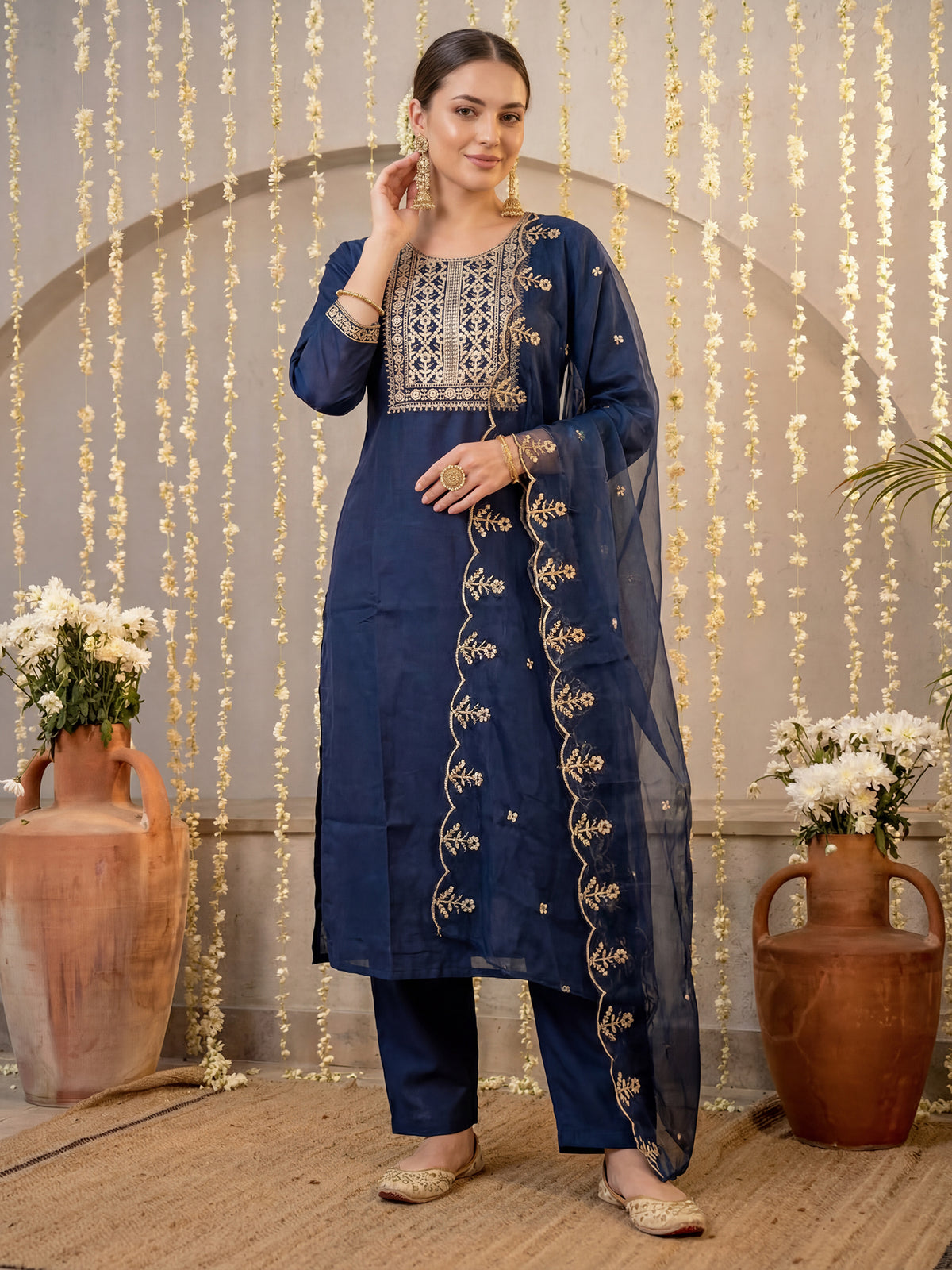 Navy Blue Embroidered Straight Kurta Trousers With Dupatta Set