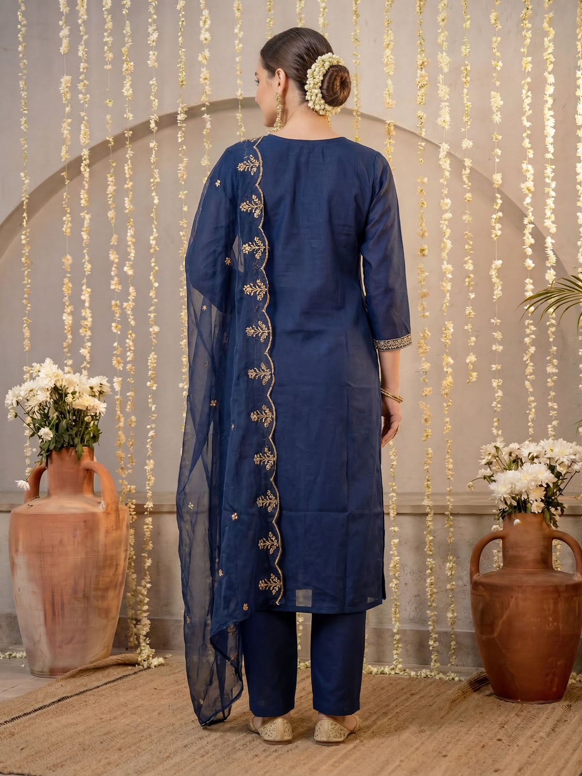 Navy Blue Embroidered Straight Kurta Trousers With Dupatta Set