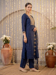 Navy Blue Embroidered Straight Kurta Trousers With Dupatta Set