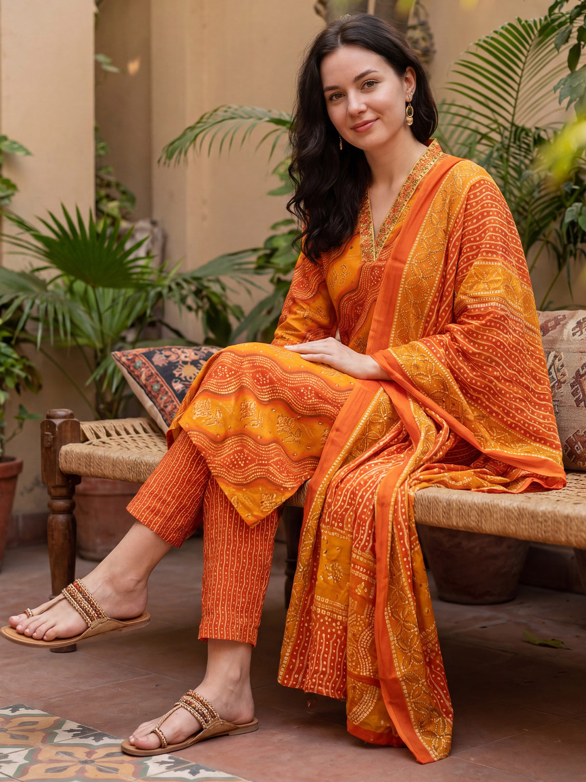 Rust Printed Straight Kurta Trousers With Dupatta Set