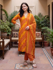 Rust Printed Straight Kurta Trousers With Dupatta Set