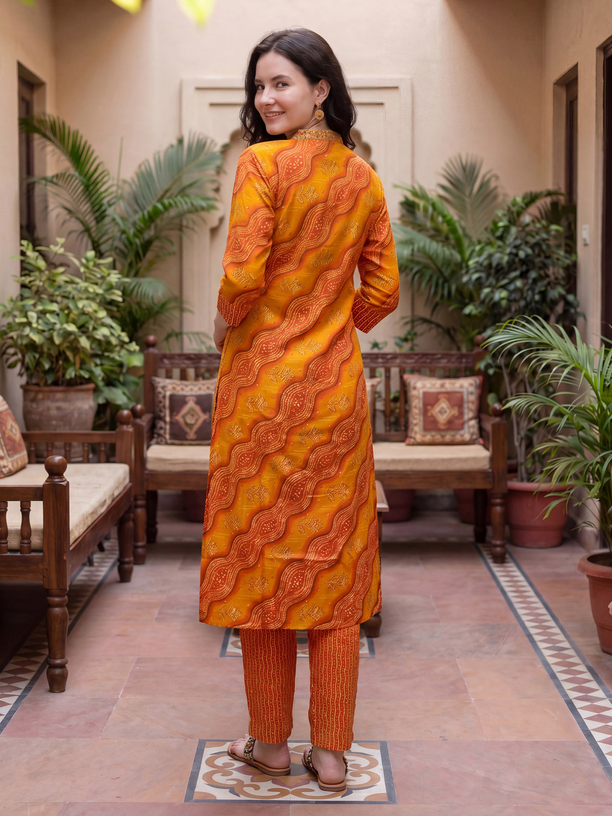 Rust Printed Straight Kurta Trousers With Dupatta Set
