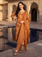 Rust Printed Straight Kurta Trousers With Dupatta Set