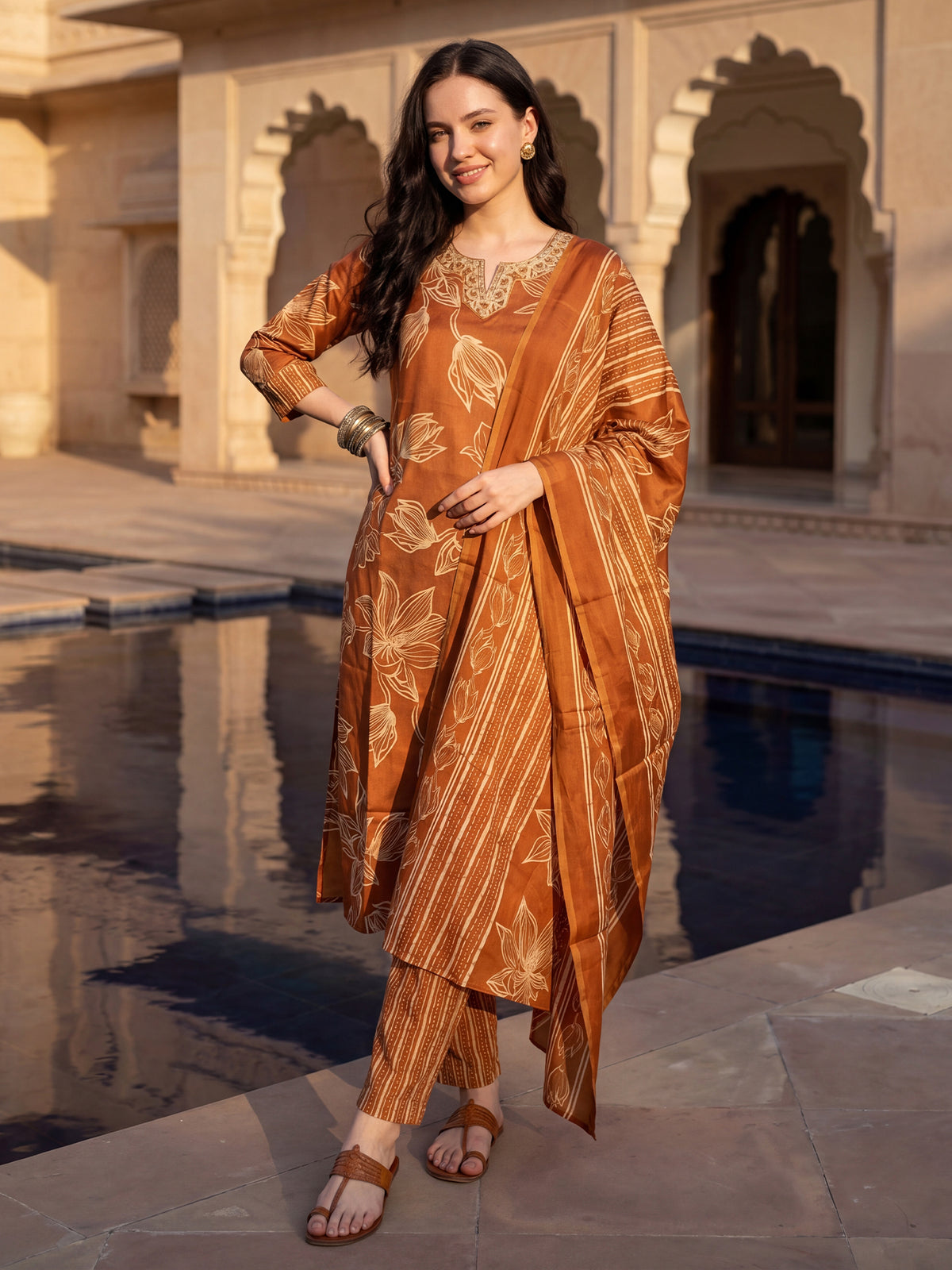 Rust Printed Straight Kurta Trousers With Dupatta Set
