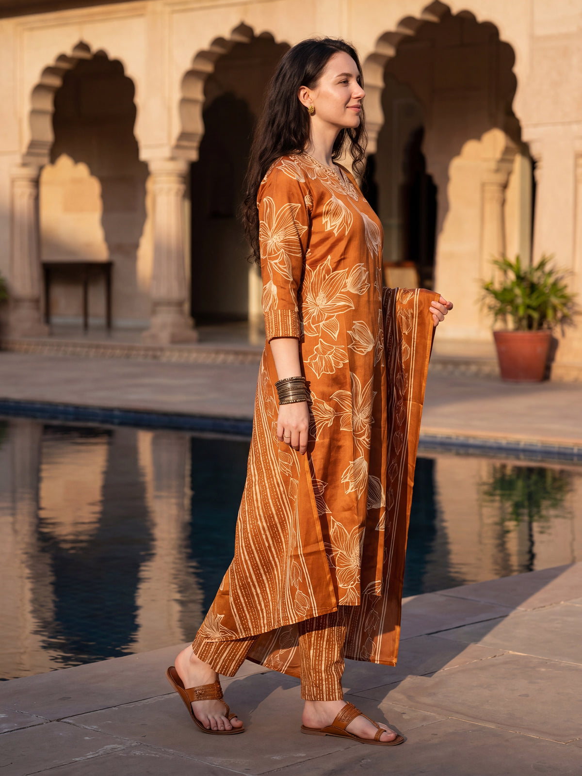 Rust Printed Straight Kurta Trousers With Dupatta Set