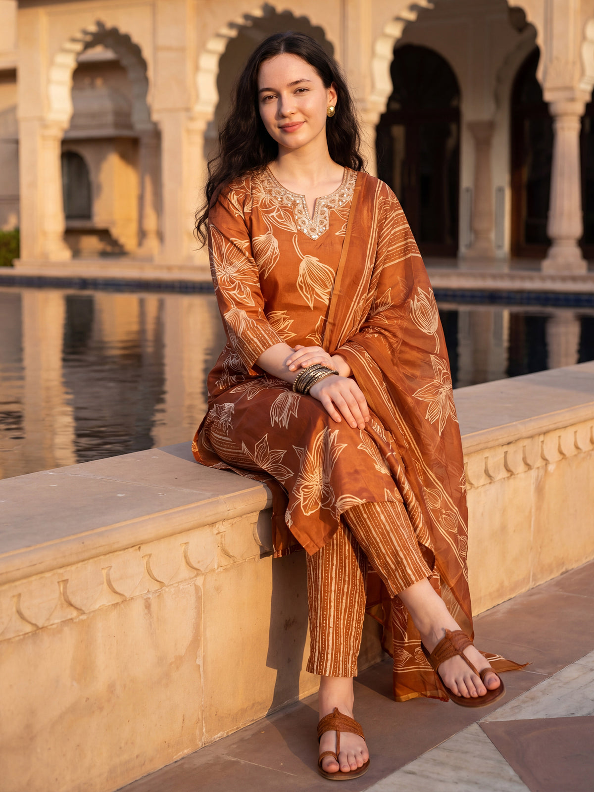 Rust Printed Straight Kurta Trousers With Dupatta Set