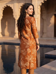 Rust Printed Straight Kurta Trousers With Dupatta Set