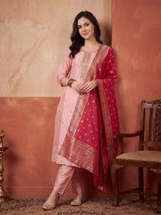 Pink Embroidered Straight Kurta Trousers With Dupatta Set