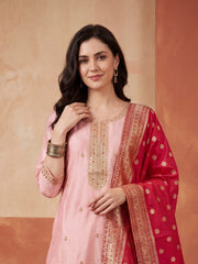 Pink Embroidered Straight Kurta Trousers With Dupatta Set
