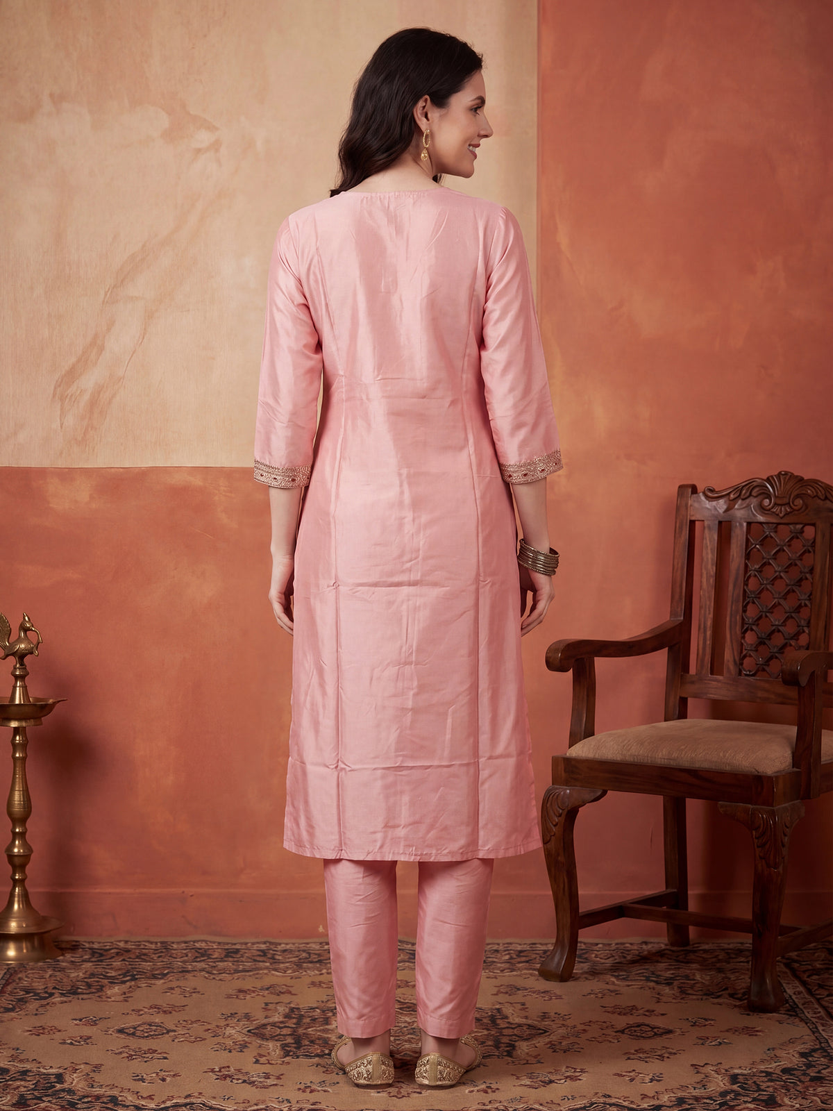 Pink Embroidered Straight Kurta Trousers With Dupatta Set
