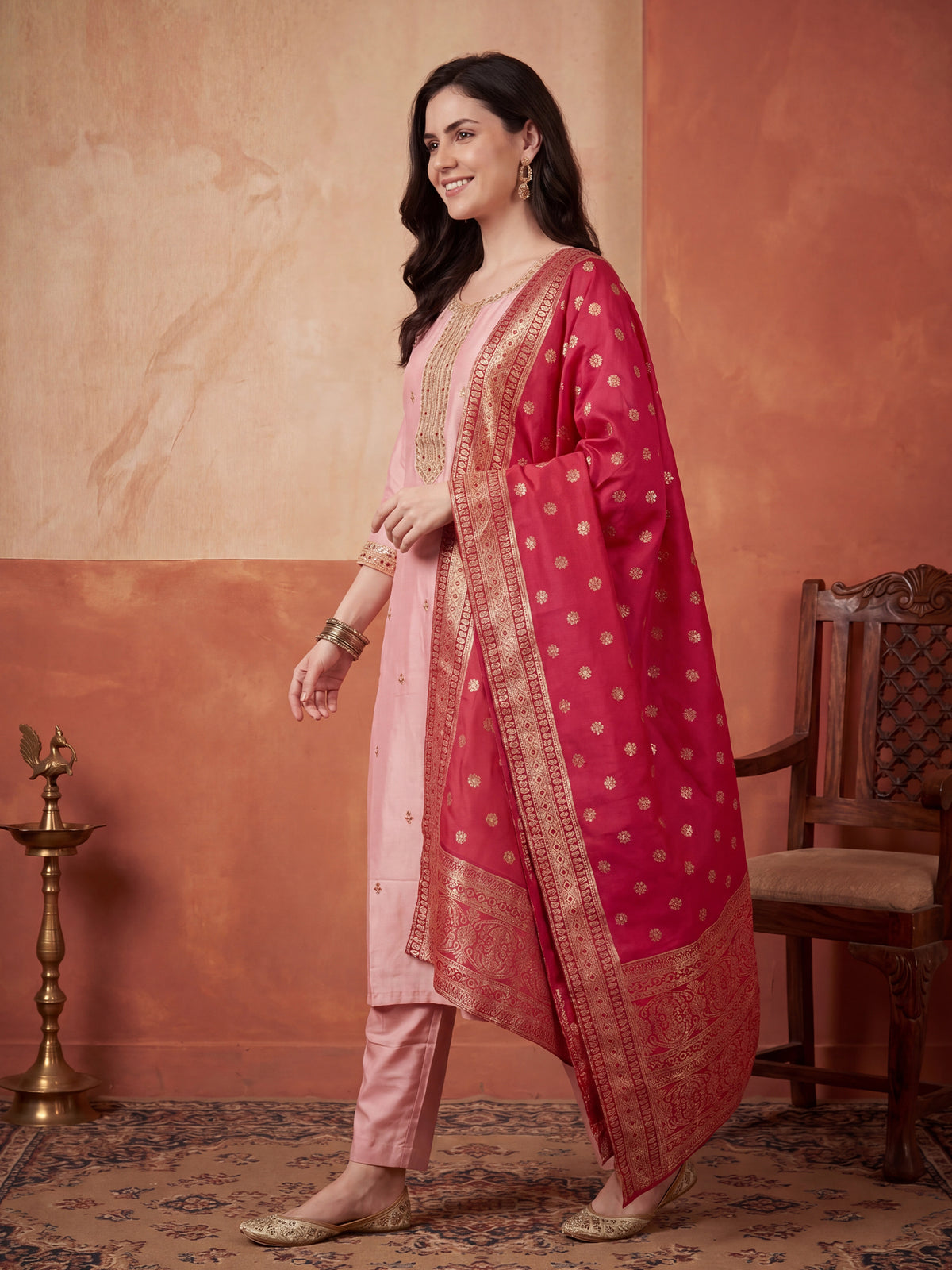 Pink Embroidered Straight Kurta Trousers With Dupatta Set