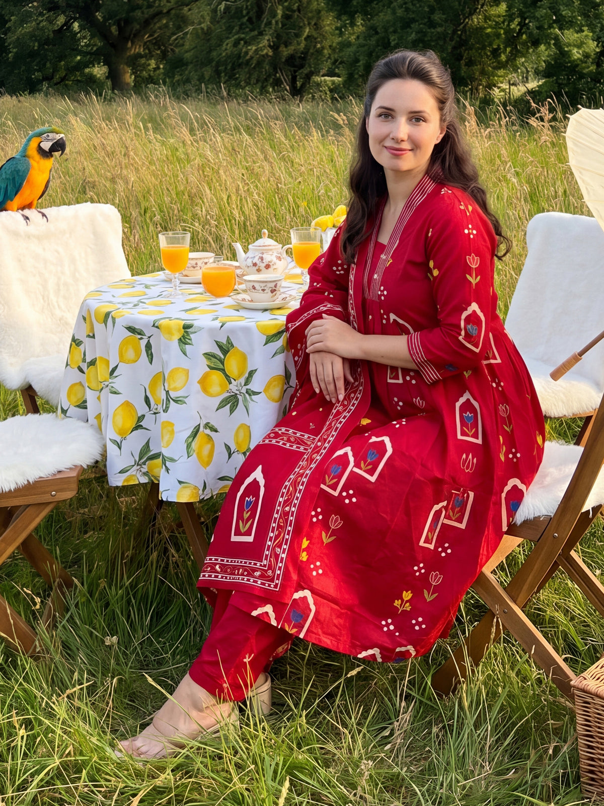 Maroon Printed A-Line Kurta Trousers With Dupatta Set