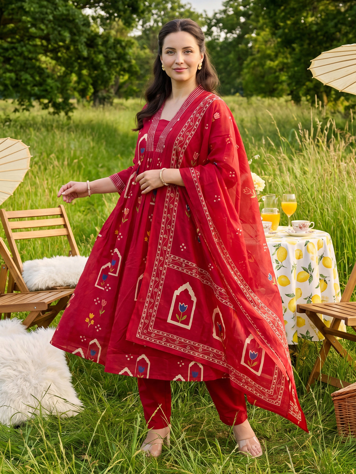 Maroon Printed A-Line Kurta Trousers With Dupatta Set