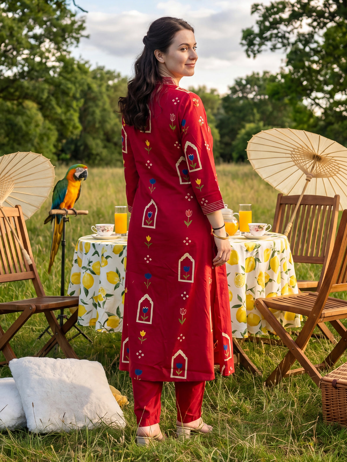 Maroon Printed A-Line Kurta Trousers With Dupatta Set