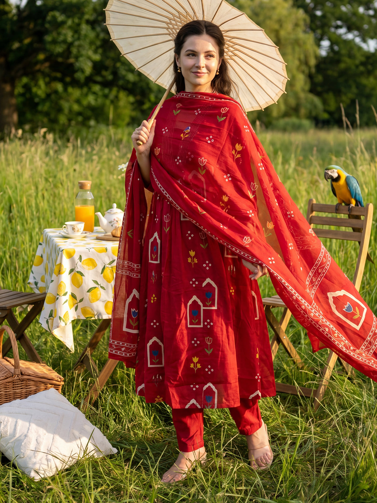 Maroon Printed A-Line Kurta Trousers With Dupatta Set