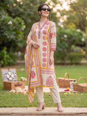 Beige Printed Straight Kurta Trousers With Dupatta Set