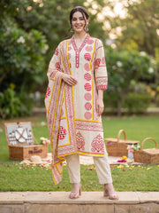 Beige Printed Straight Kurta Trousers With Dupatta Set