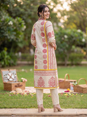 Beige Printed Straight Kurta Trousers With Dupatta Set