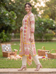 Beige Printed Straight Kurta Trousers With Dupatta Set