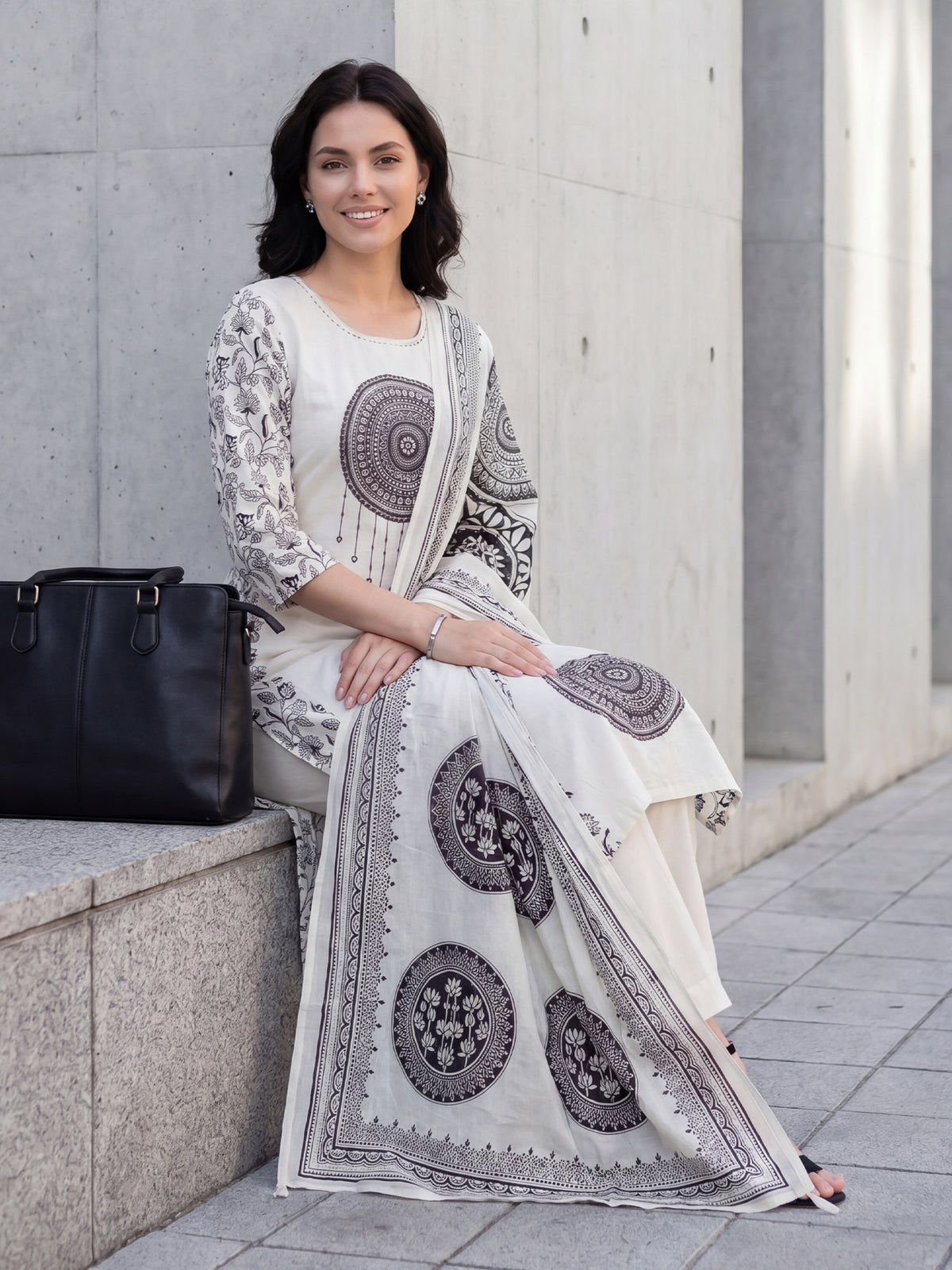 Off White Printed Straight Kurta Trousers With Dupatta Set