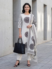 Off White Printed Straight Kurta Trousers With Dupatta Set