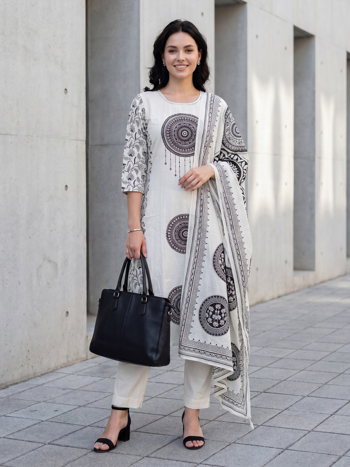 Off White Printed Straight Kurta Trousers With Dupatta Set