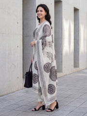 Off White Printed Straight Kurta Trousers With Dupatta Set
